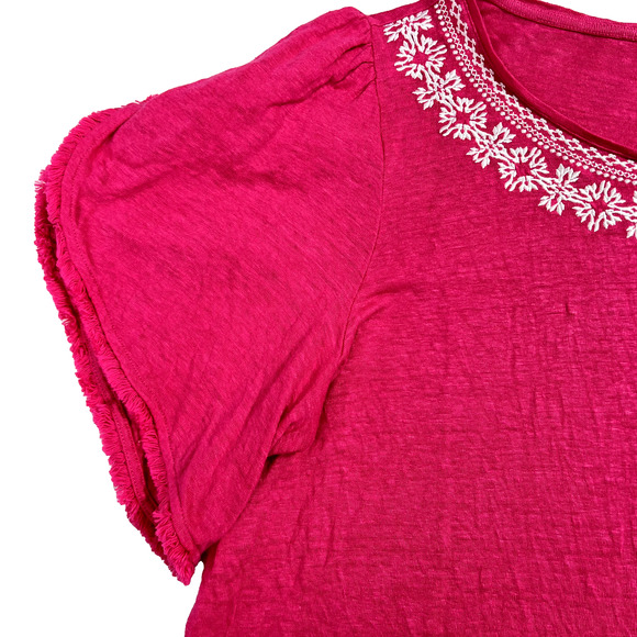 Chicos Tee Womens 3 US XL Pink Linen Knit Top Short Sleeve Pullover Embroidery - Picture 4 of 10